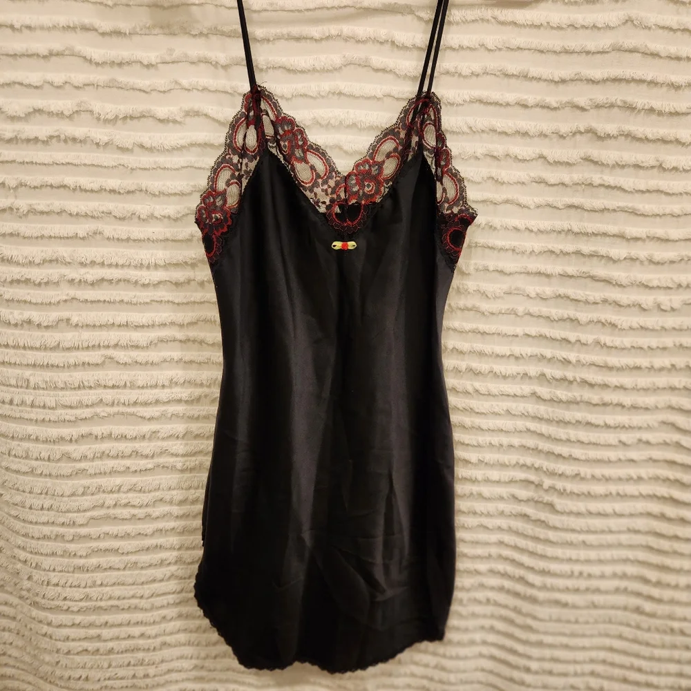 The International Boutique slip dress nightgown Black Red Lace USA Sm 34